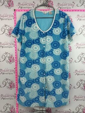 Vanity Fair dress button up terry cloth coverup Blue White Floral Midi Dress
